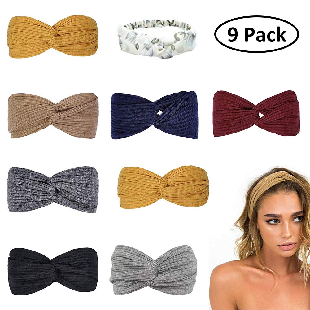 Beach Headbands for Women, 9 Pack Women's Boho Headbands for Women Girls Wide Bohemian Knotted Yoga Headband Head Wrap Hair Band Elastic Hair Band Accessories for girl(A) : Beauty