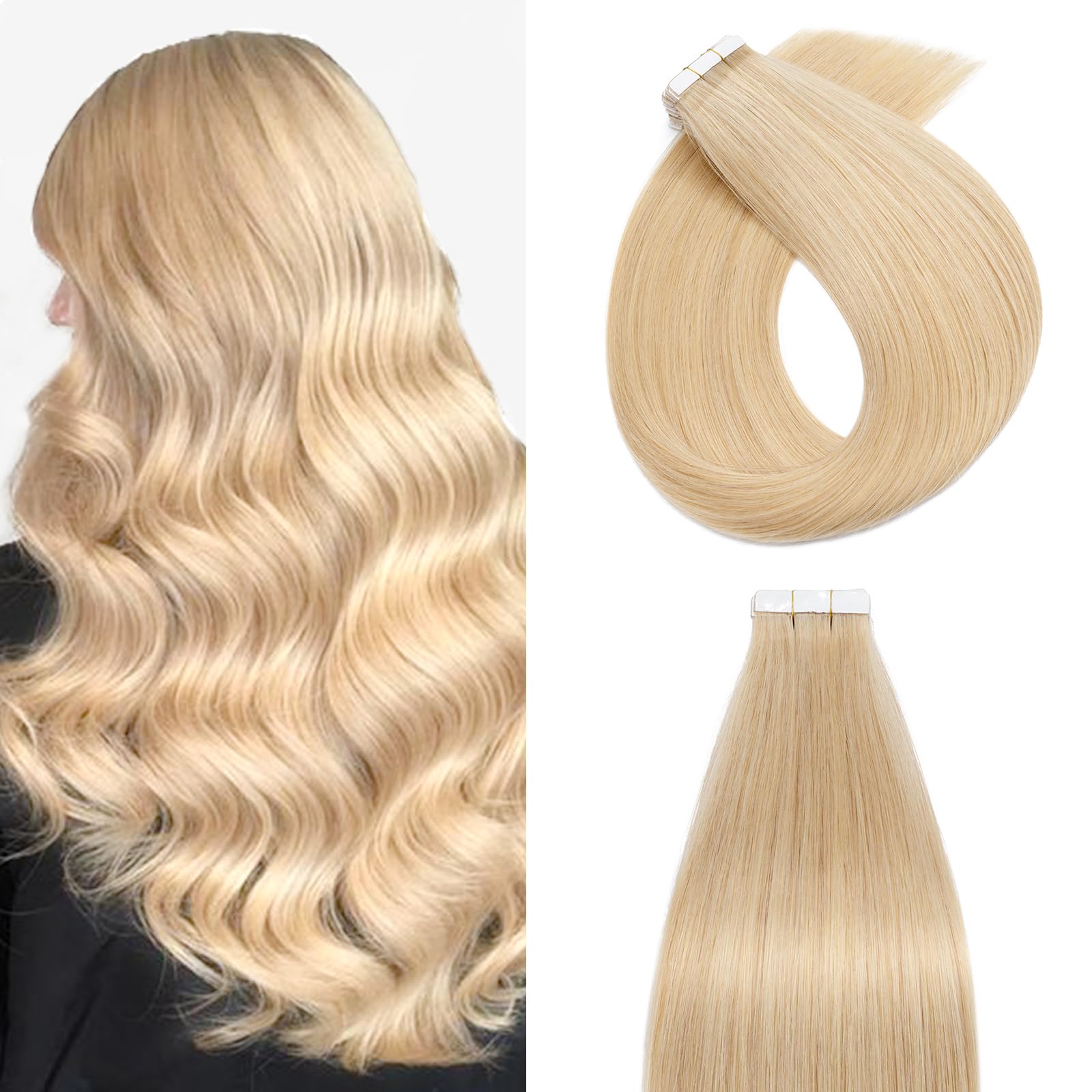 Tape in Hair Extensions 20 Pieces 100% Real Remy Human Hair #24 Natural Blonde Skin Weft Seamless Straight(18inch,50g/Set)
