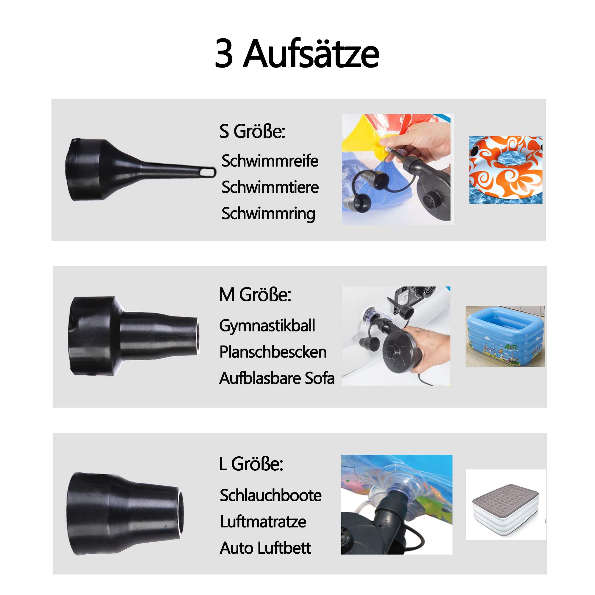 Elektrische Luftpumpe, Luftmatratze Pumpe 2 in 1 schnelles Auf/Abpumpen AC 100-240V/DC 12V, Elektropumpe mit 3 Aufsätzen für aufblasbares Matratze, Planschbecken, Zelt, Schlauchboote, Schwimmring
