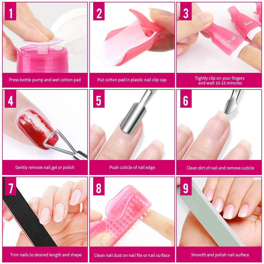 FANDAMEI Nail Polish Gel Remover Tools Kit with Nail Clips, 100ml Nail Polish Remover Bottle, 500 Nail Remover Cotton Pad, Nail Brush, Cuticle Pusher, Cuticle Peeler, 100/180 Nail File, Buffer Block : Beauty