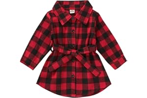 Kayotuas Toddler Kids Baby Girl Plaid Dress Long Sleeve Belted Botton Down Shirts Dresses Infant Fall Outfits