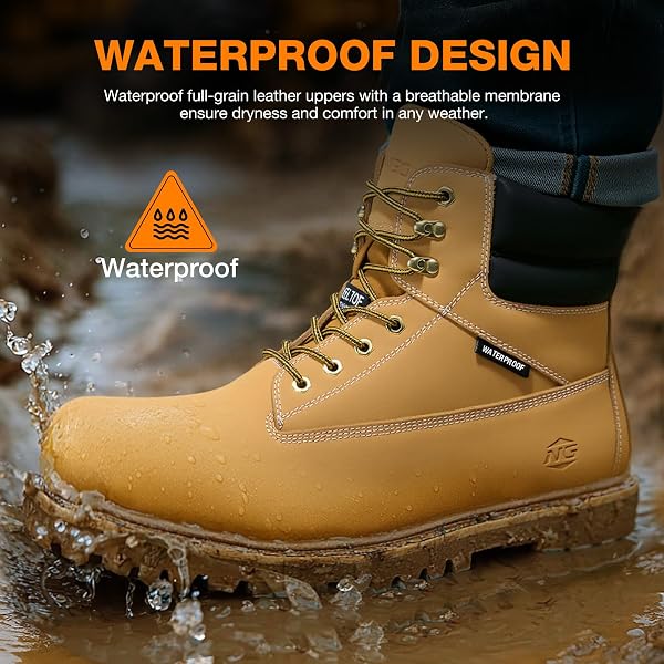 NINGO WATERPROOF STEEL TOE WORK BOOTS FOR MEN, 6″ NON SLIP COMFORTABLE LEATHER WORKBOOTS, MENS SAFETY CONSTRUCTION SHOES FOR OUTDOOR INDUSTRIAL
