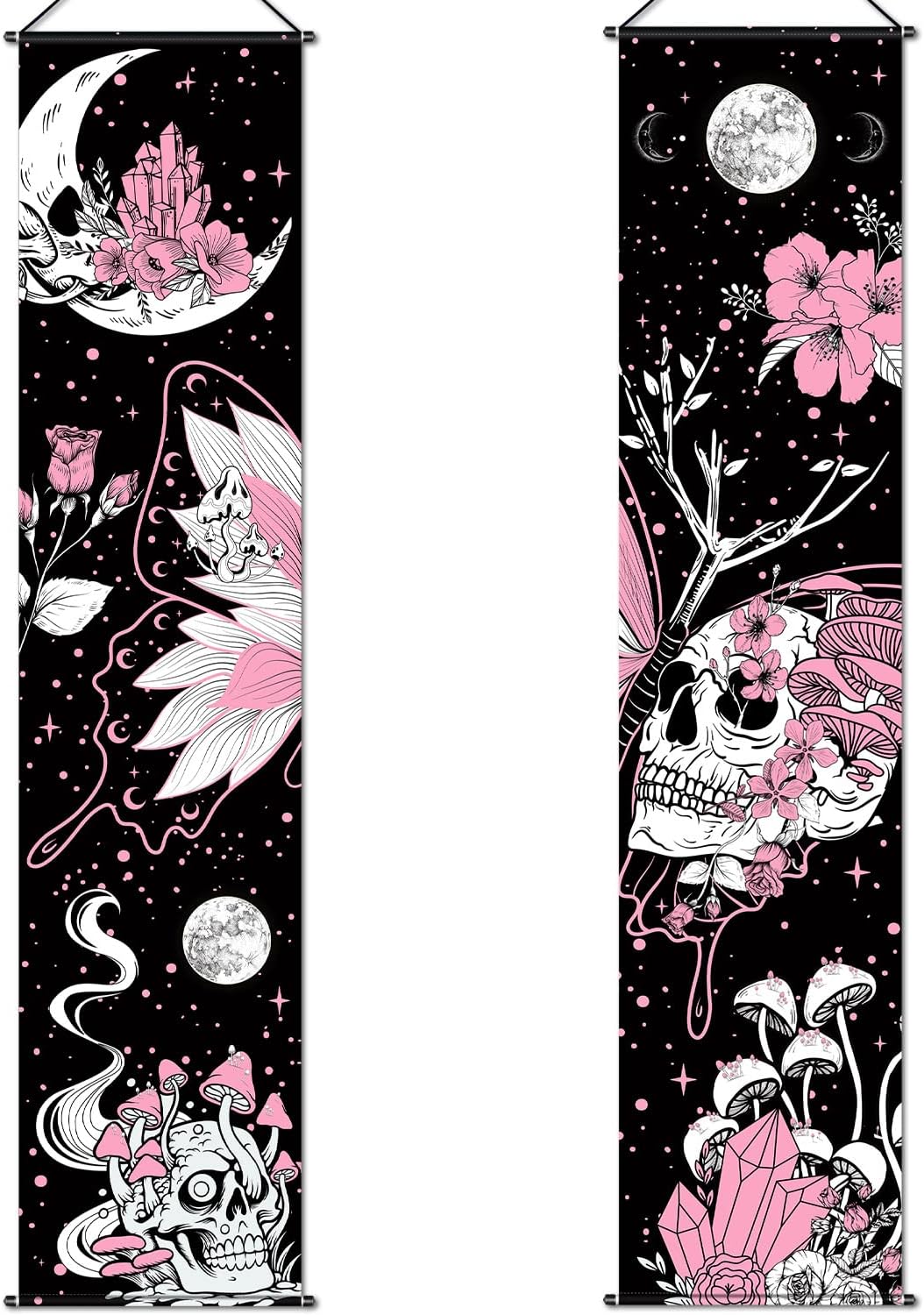 Tapestries - 2 Pcs Skull Tapestry Banner Hippie Wall Decoration Butterfly Mushroom Room Wall Hanging Moon Stars Bohemian Abstract Mushroom Backdrop Photography Background for Home Aesthetic Decor Room Bedroom