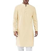 Runcati Mens Kaftan Thobe Textured Henley Shirt Long Sleeve Robe Casual Muslim Gown Shirt