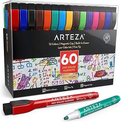 Arteza Rotuladores para pizarra blanca con capuchas magnéticas | 12 colores | Pack de 60 |