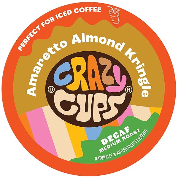 CRAZY CUPS AMARETTO DECAF COFFEE, DECAFFEINATED AMARETTO ALMOND KRINGLE COFFEE PODS FOR K CUP KEURIG MACHINES, BREW HOT OR ICED, 22 COUNT