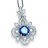 Blue Sapphire Necklace Diamond Flower Style - 7mm Round 1.5CT Blue Sapphire Pendant - 18KGP @ Sterling Silver - September Birthstone #600