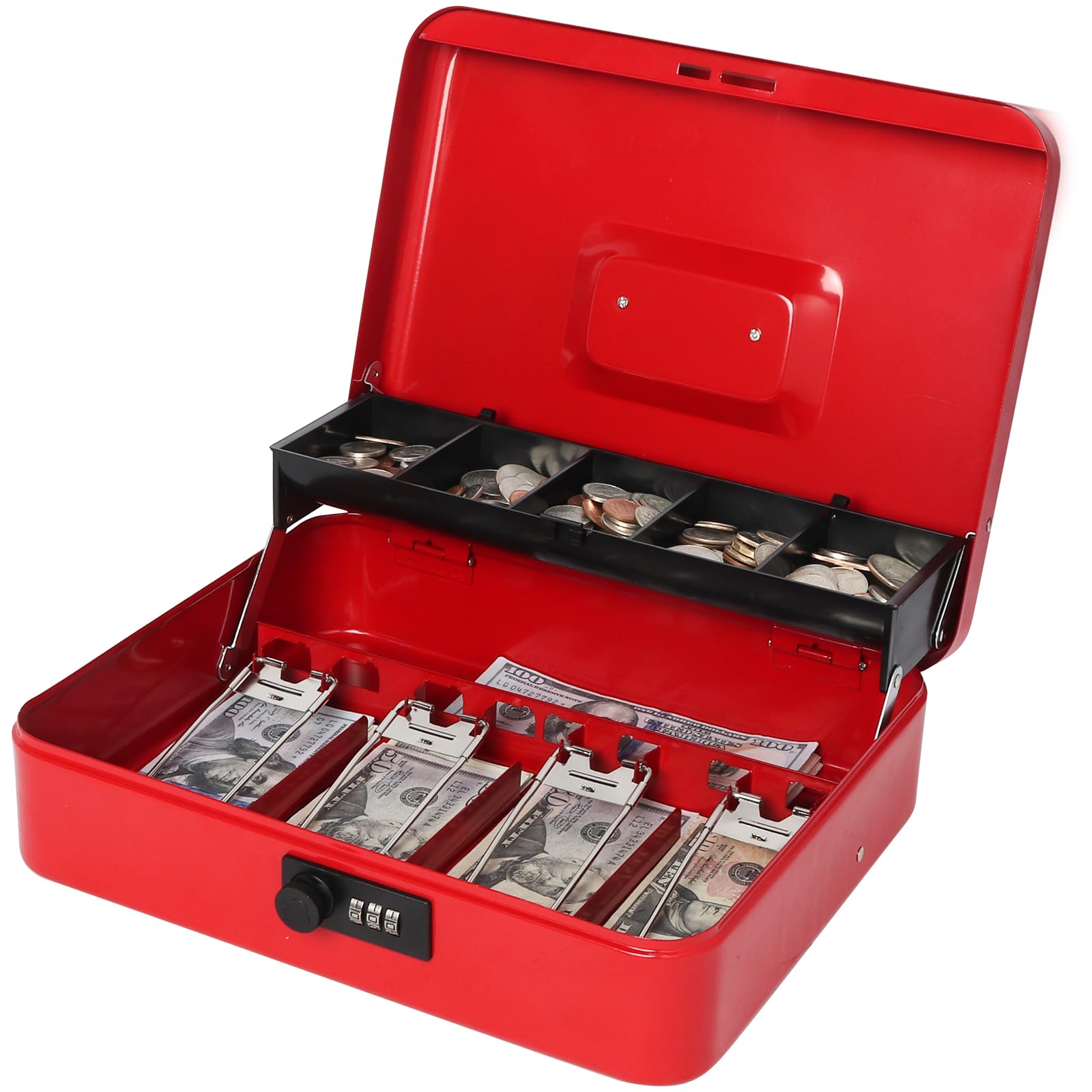 Photo 1 of Jssmst Cash Box with Money Tray and Lock - Red Cash Box with Combination Lock Safe Money Box Large, Locking Cash Register Drawer Box, 11.8'' x 9.5'' x 3.5'', SM-CB005RED