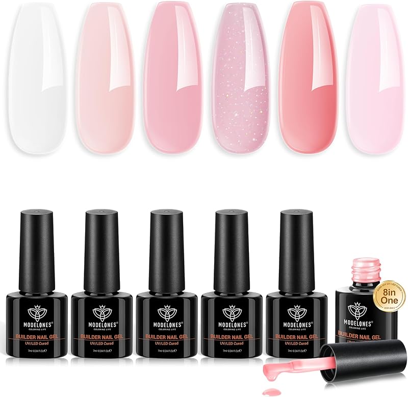 Modelones Builder Gel 6 Colors 8-in-ONE Pink Clear Nail Builder Gel Set