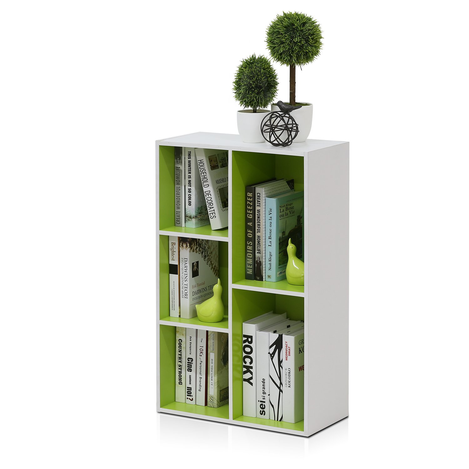 Furinno LUDER Book Shelf, 5-Cube Bookshelf, Reversible Bookcase, 9.4 x 19.5 x 31.5, for Living Room, Bedroom, Home Office, White/Green