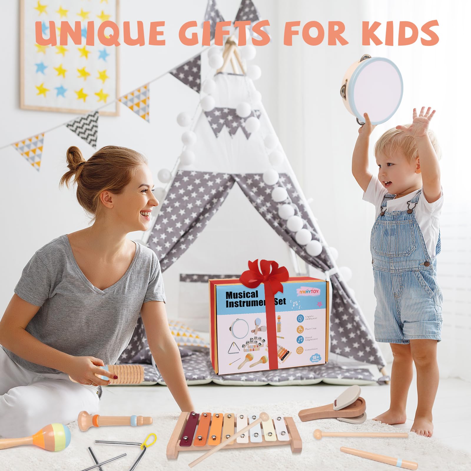 Baby Musical Instruments Set - Montessori Wooden 18 Month Old Baby Musical Toys, Toddler Percussion Instruments Xylophone Maracas Tambourine for Toddlers 1-3, Christmas stocking stuffers Gift for kids