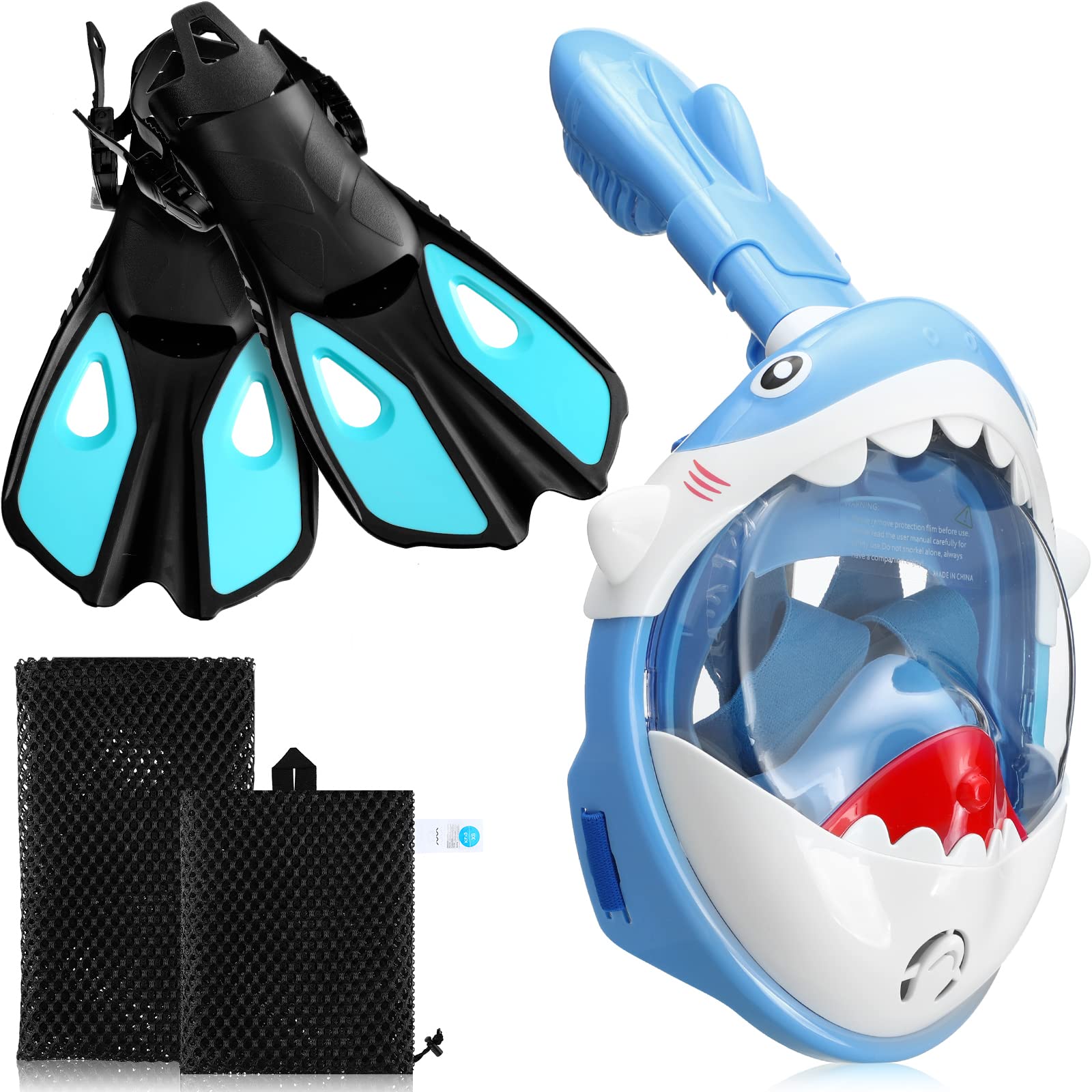 Photo 1 of Moukeren 2 Pcs Full Face Snorkel Mask for Kids with Adjustable Swim Fins 180 Degree Panoramic View Shark Snorkeling Gear Diving Fins Swim Flippers for Children Boys Girls(Blue)