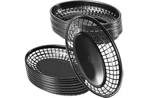 JAPCHET 60 Pack 8.8 x 5.5 x 1.5 Inch Black Fast Food Baskets, Oval Plastic Fast Food Serving Basket, Restaurant Serving Baske