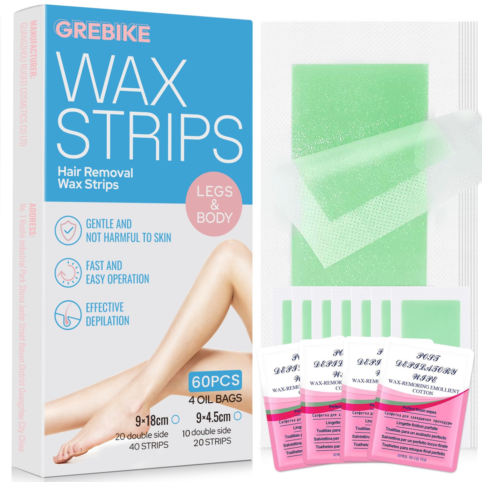 Photo 1 of GREBIKE 60PCS Wax Strips for Hair Removal - Facial Hair Removal for Women - Waxing Kit for Women, Face, Body, Arms, Legs, Chest, Back, Bikini & Brazilian 60ct Waxing Strips & 4Calming Oil Wipes