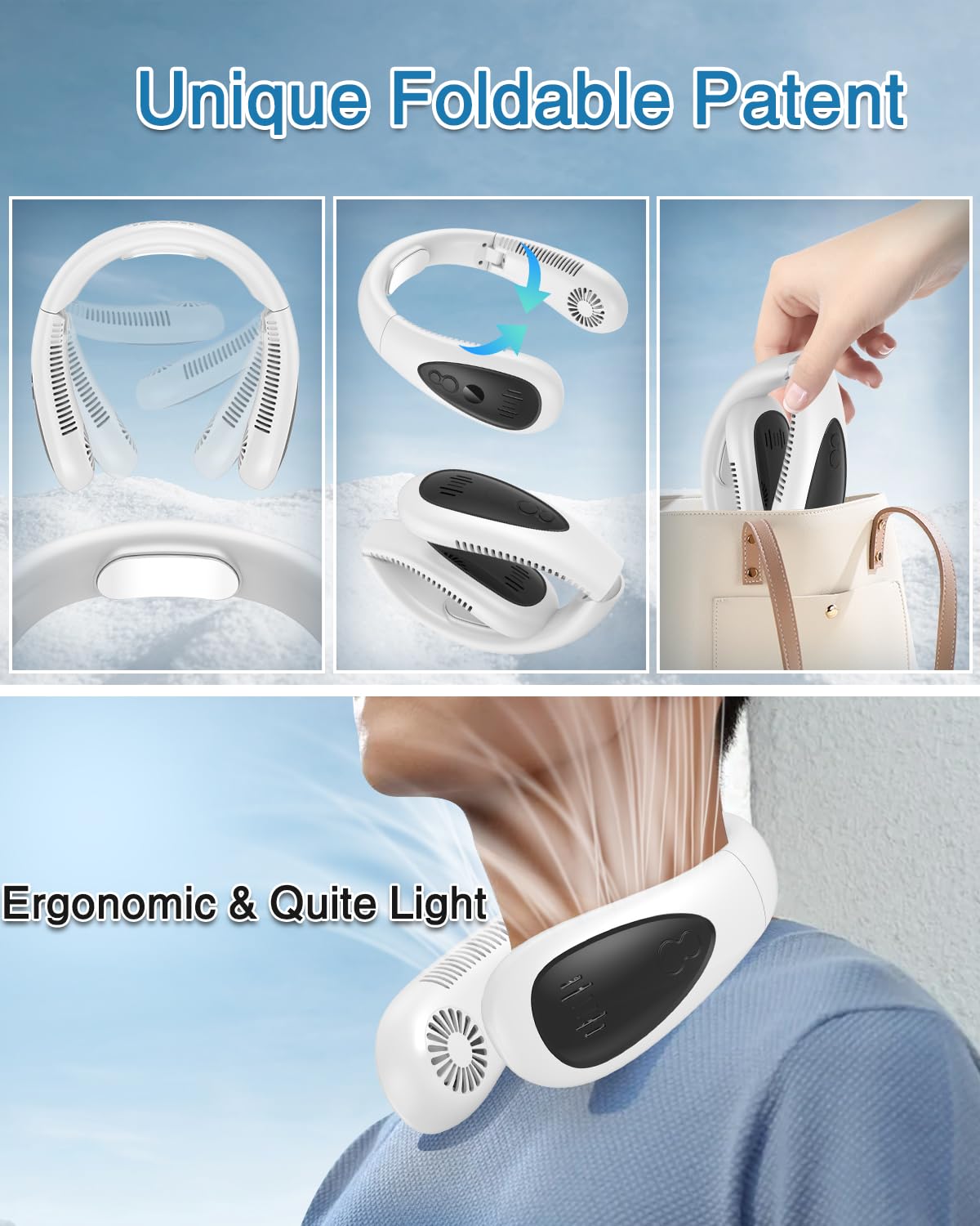 Neck Air Conditioner, 5000mAh Portable Neck Fan with Semiconductor Cooling Airflow Bladeless USB Neck Fans Portable Rechargeable with 3 Speeds, LED Display, Personal Fan for Outdoor Travel Indoor
