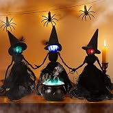 Amyhill 4 Pcs Halloween 3 Witches Decorations Indoor with Cauldron | Light up Witches Holding Hands, Halloween Table Centerpieces, Scary Screaming Glowing Face, Tiered Tray Decor Shelf Fireplace