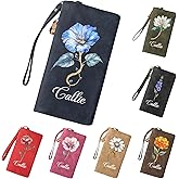 callie Personalized Wallet Wristlet - Custom Birth Flower & Name, Leather Coin Credit Card Holder Purse Pocket Organizer with Card Slots & Zipper, Gifts for Women Ladies