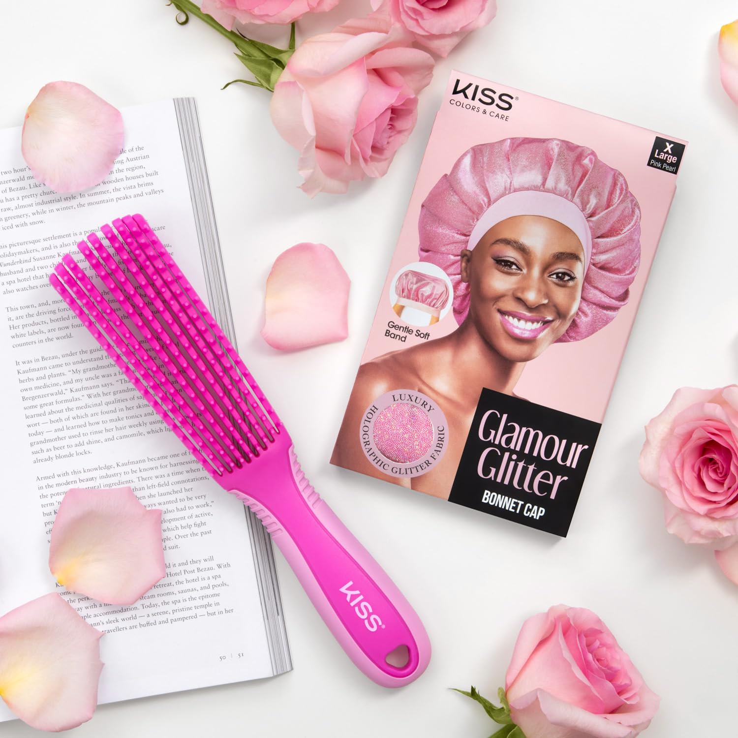 KISS Colors & Care Glide & Define Detangler 9-Row Non-Slip Brush, Large, Pink- For thick and curly hair, Tangle-No, Smooth, Sleek Results, Anti-Static, Sturdy & Non-Slip Grip, Multi Uses