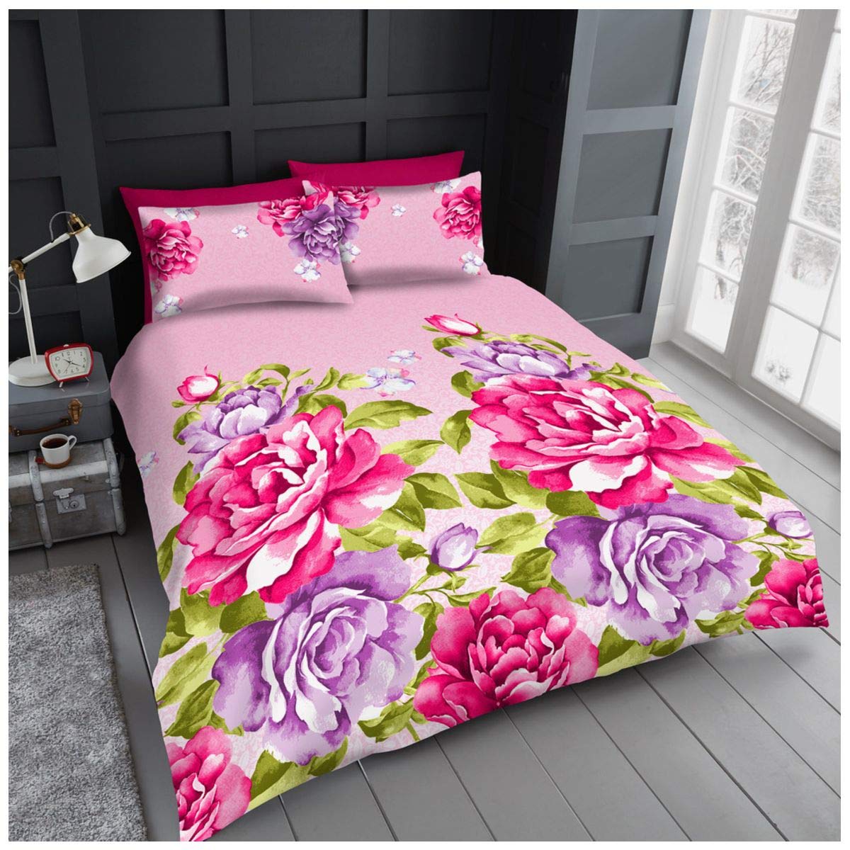Floral Duvet Cover Super King, Soft Comforter Bed Covers, Flower Bedding Set, Pink — image 1