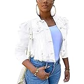 Omoone Women's Ripped Puff Sleeve Denim Crop Top Long-Sleeve Cropped Jean Jacket