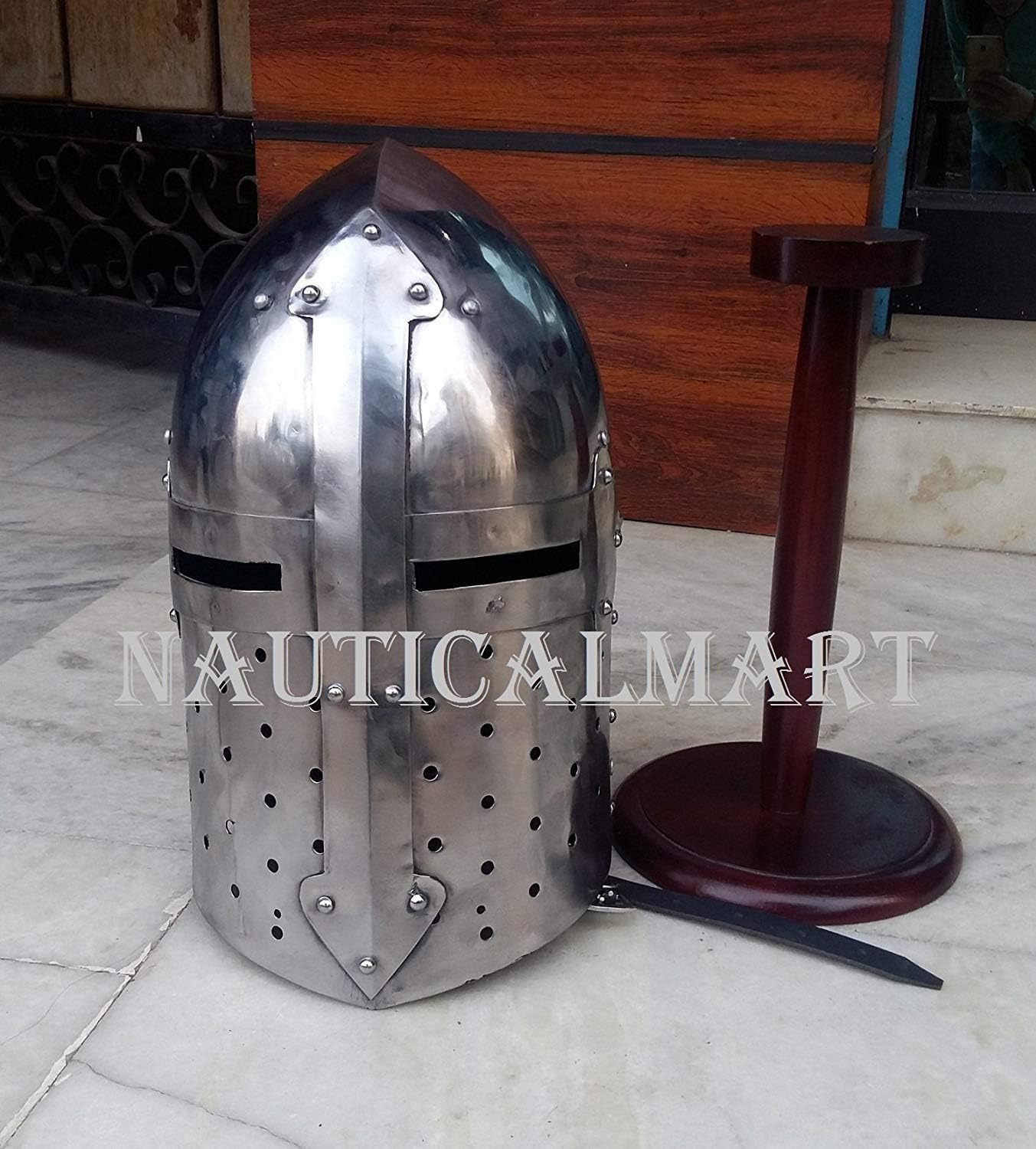 NauticalMart Renaissance Armor Sugarloaf Medieval Helmet with Wooden Stand: Toys & Games