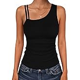 VICHYIE Women Tank Tops Summer One Shoulder Asymmetrical Neck Slim Fitted Ribbed Knit Going Out Tops Sleeveless Shirt