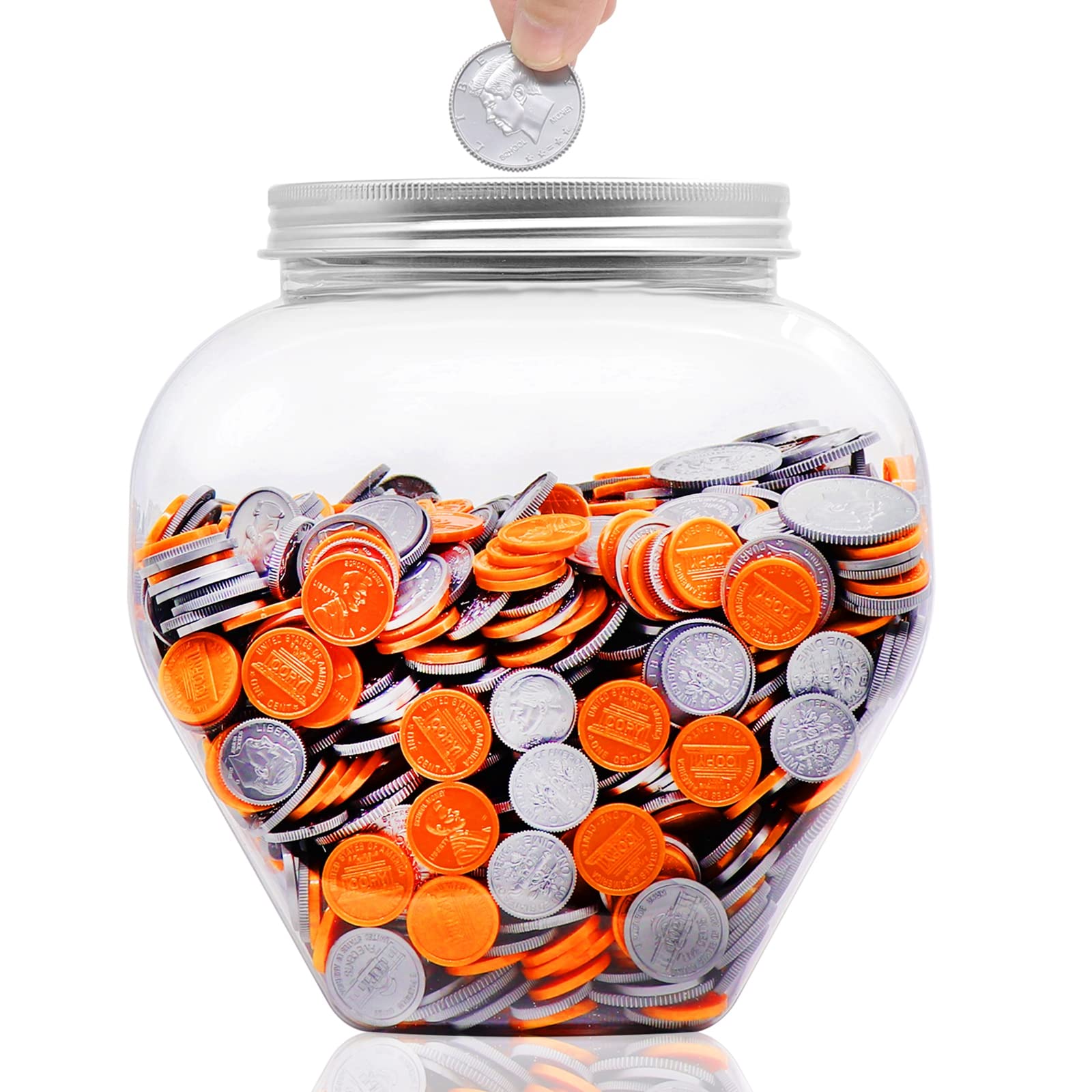 Photo 1 of Mczxon Large Coin Bank Jar, 5/8 Gallon Big Clear Plastic Coin Money Tip Change Saving Piggy Jar with Silver Slotted Lid, Large Plastic Coins Piggy Money Change Clear Bank for Adults Teens Kids