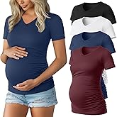 Huukeay 4 Pack Women's Maternity Shirts, V Neck Maternity Top Short Sleeve Casual Tee Side Ruched Pregnancy Clothes