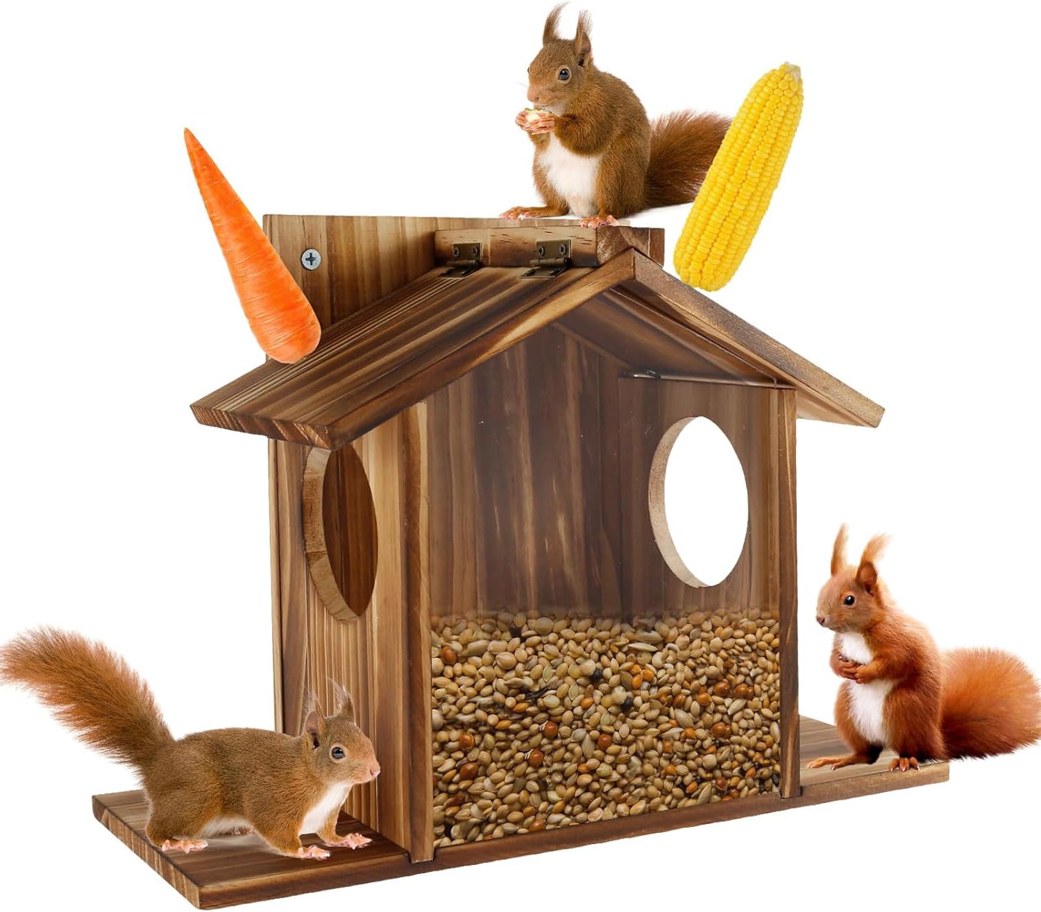 KTCINA Squirrel Feeder with Flexible Roof, Wood Squirrel House and Bird Feeder, Outdoor Wildlife Feeding Station Large Capacity Squirrels House Garden Ornament for Birds and Squirrels