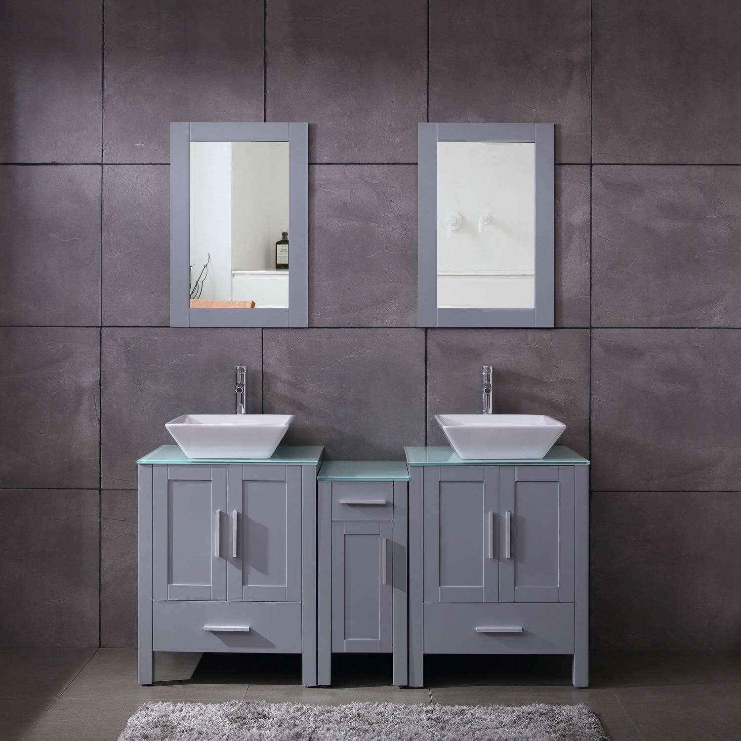 Amazon Com 60 Double Sink Gray Bathroom Vanity Paint Mdf Wood Cabinet Glass Top W Mirror Faucet Drain Set Kitchen Dining