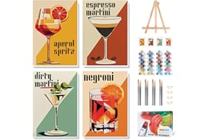 4 Pack Frame Paint by Numbers Adult Kit with Wooden Easel, Cocktail Paint by Number for Beginner, Retro Cocktail Oil Painting