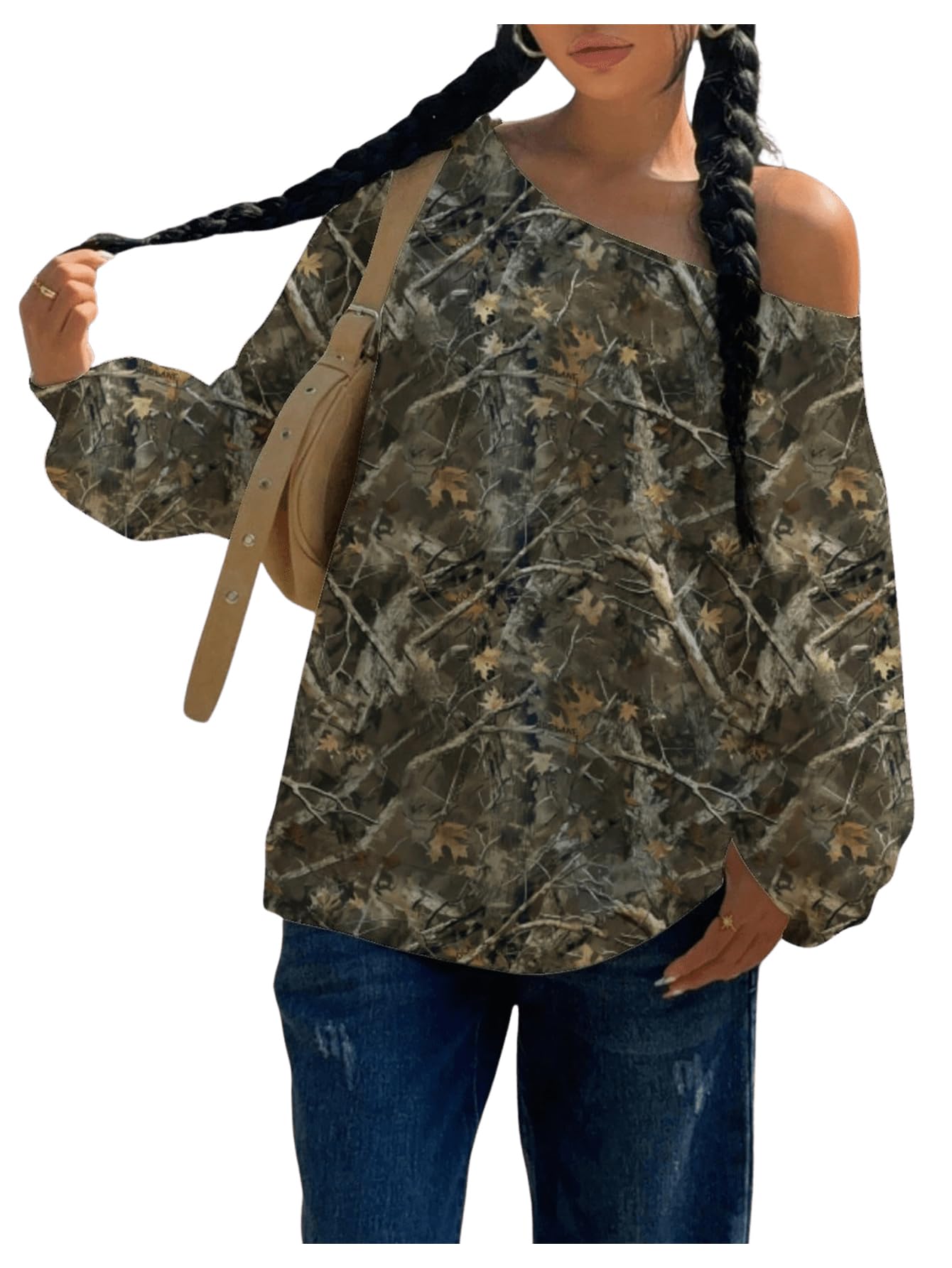 Photo 1 of *size medium* RoseSeek Women's Off Shoulder Camo Graphic Sweatshirts Long Sleeve Loose Pullover Tops Casual Fall Clothes Green Medium