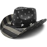 FLUFFY SENSE. Vintage USA American Flag Cowboy Hat Classic Tea Stained Patriotic Western Cowboy Cowgirl Hat with Shapable Brim, Vintage Black and White