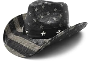 FLUFFY SENSE. Vintage USA American Flag Cowboy Hat Classic Tea Stained Patriotic Western Cowboy Cowgirl Hat with Shapable Brim, Vintage Black and White
