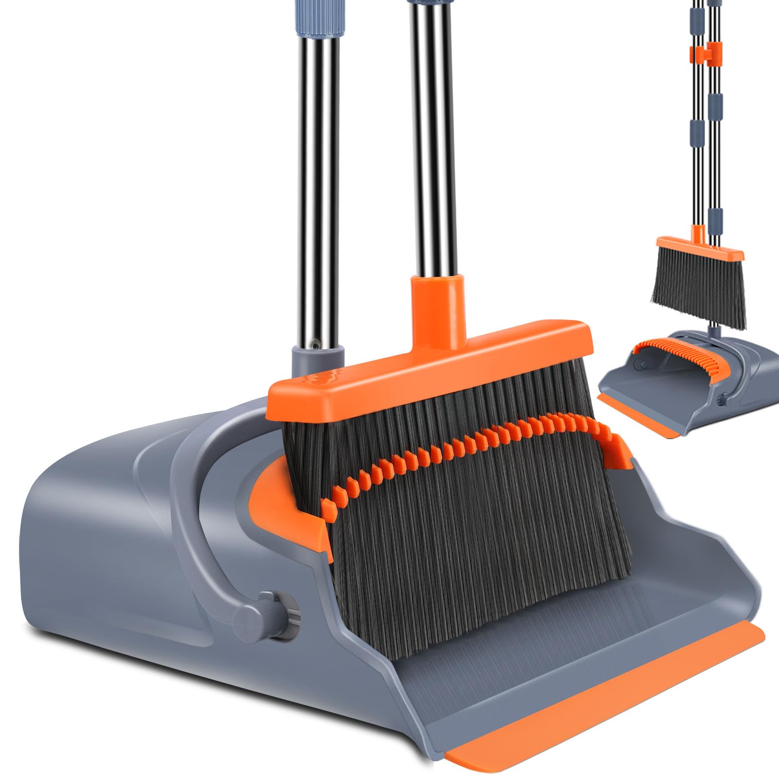 kelamayi Upgrade Broom and Dustpan Set, Self-Cleaning with Dustpan Teeth, Indoor&Outdoor Sweeping, Ideal for Dog Cat Pets Home Use, Stand Up Broom and Dustpan (Gray&Orange)