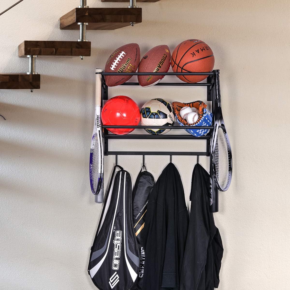 Sunix Sports Equipment Storage, Ball Storage Rack Basketball Holder Wall Mount Shelf with Hooks, 2 Racks, Black: Sports & Outdoors