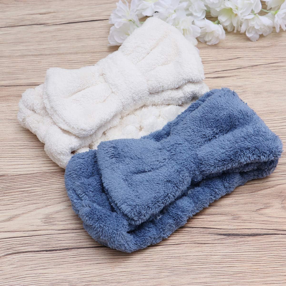 Beaupretty Bow Makeup Headband Coral Fleece Shower Headwrap Elastic Hairband for Women,2pcs(White,Blue), blue;white, Size 1 - Image 3