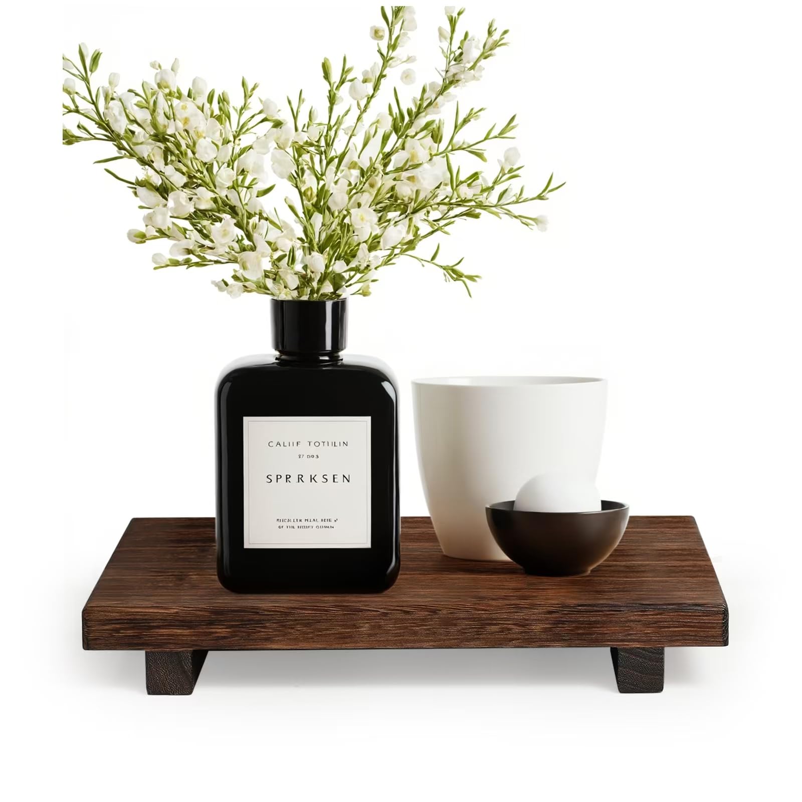 Photo 1 of (12 x 7 Inch) Wood Riser Soap Tray, Rustic Wood Pedestal Stand Tray Soap Dish Holder for Kitchen Counter, Sink,Vanity,Farmhouse Decorative Bathroom Dishes Plant Bottles Candles Display,Brown