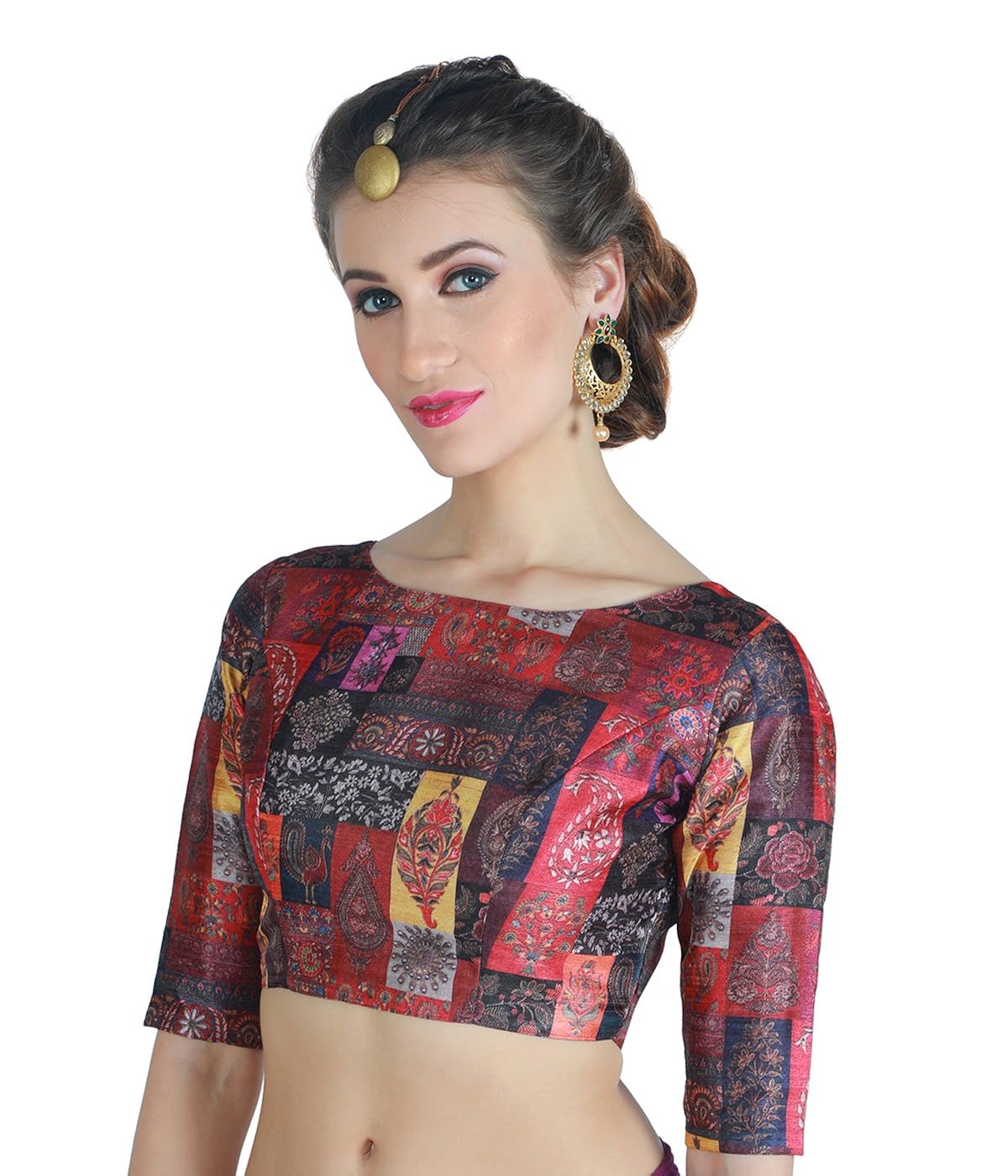 studio shringaar women's poly silk digital printed multi-colour saree blouse with boat neck.