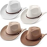 Chicingyou 4 Pcs Classic Western Cowboy Hat for Woman Men Felt Wide Brim Cowgirl Hats Women Belt Buckle Cap for Adults