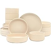 Gibson Elite Deerfield 16-Piece Stoneware Dinnerware Set – Cream White Reactive Glaze Plates and Bowls, Stackable Design, Service for 4 – Dishwasher & Microwave Safe