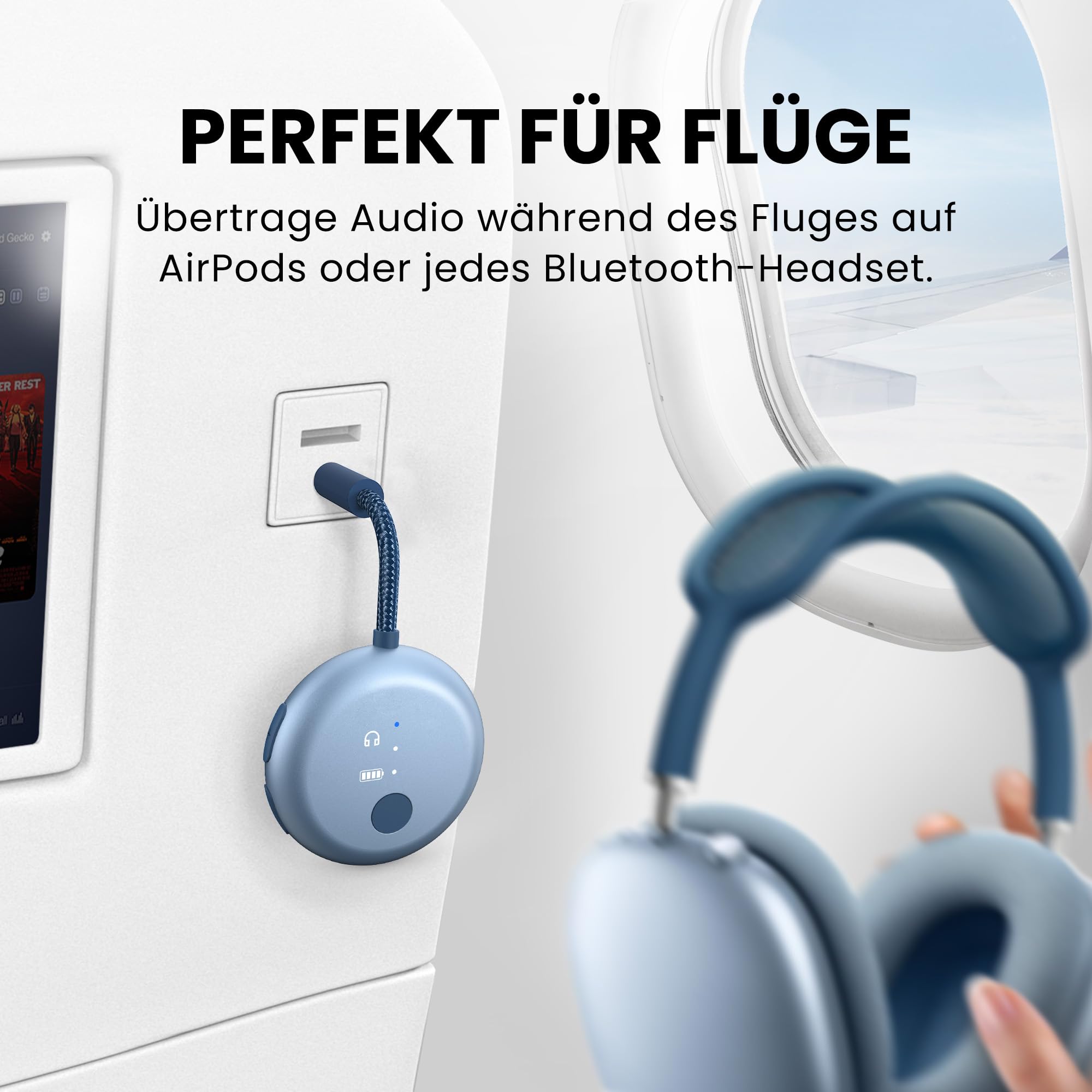 Avantree SoundJet R1 – Bluetooth Adapter Flugzeug für Kopfhörer & AirPods, aptX Adaptive, Qualcomm-Chipset, 20 Std. Akkulaufzeit, Kabelloser Audio Transmitter, Flugzeug-Gadgets für Reisen - Himmelblau 2