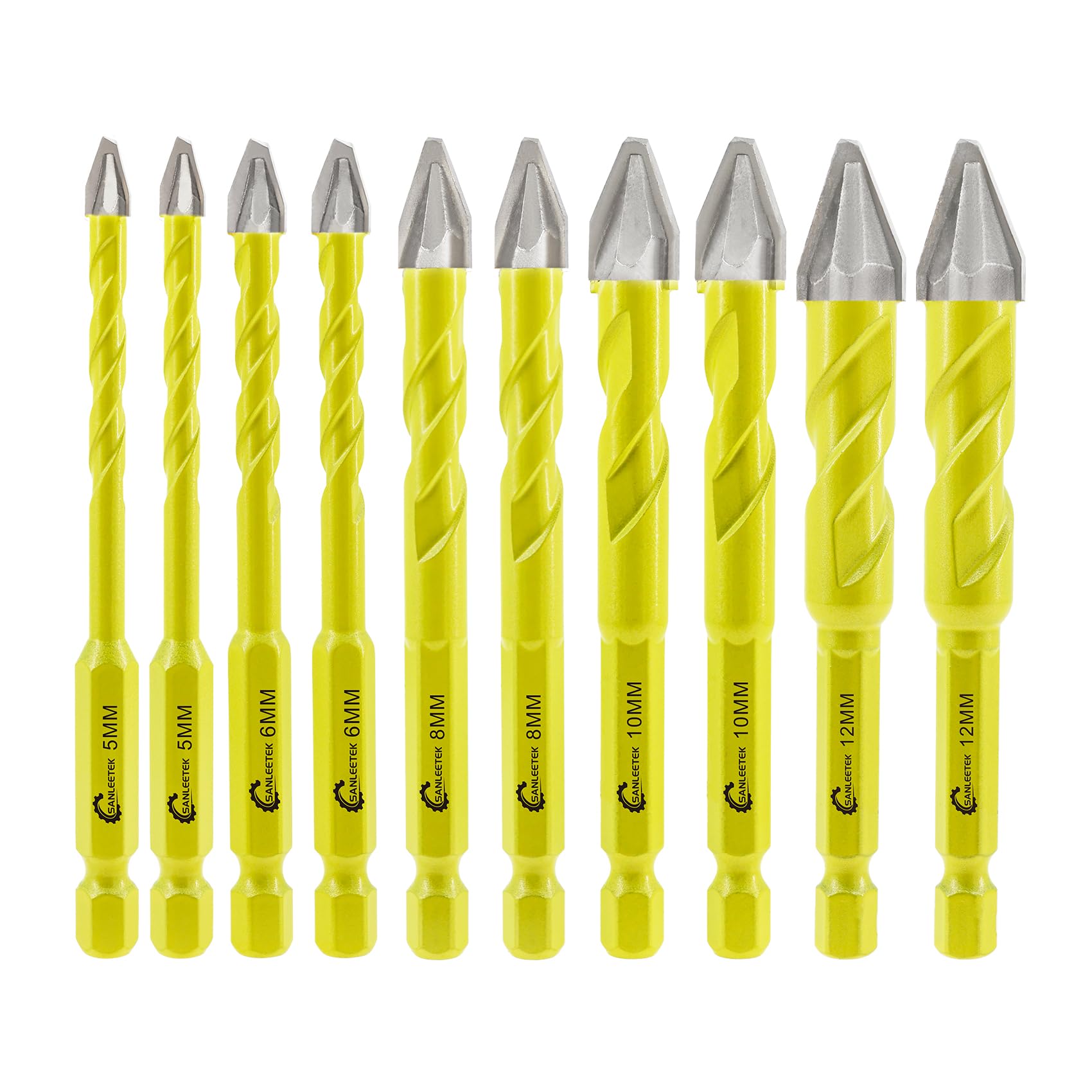 Skewed Head Eccentric Drill Bits Set - SANLEETEK Masonry Drill Bit Set for Wood Plastic Masonry Ceramic Tile Concrete Marble 10pcs 5mm*2+6mm*2+8mm*2+10mm*2+12mm*2, Quick Change Hex Shank