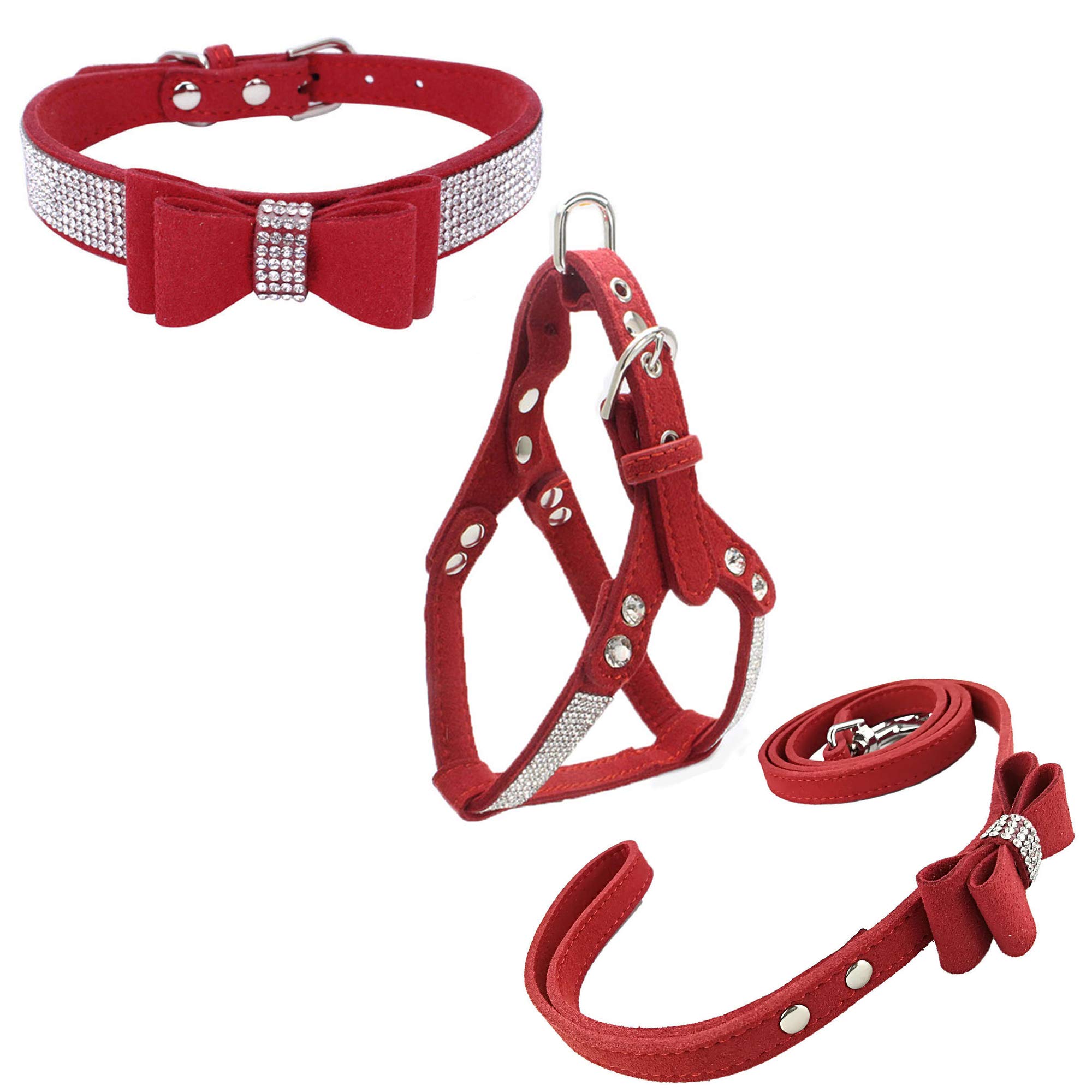 Newtensina Bowtie Dog Collar & Harness & Lead Sets Comfortable Soft Puppy Collar Diamante with Harness and Leashes Set for Dog - Red - S