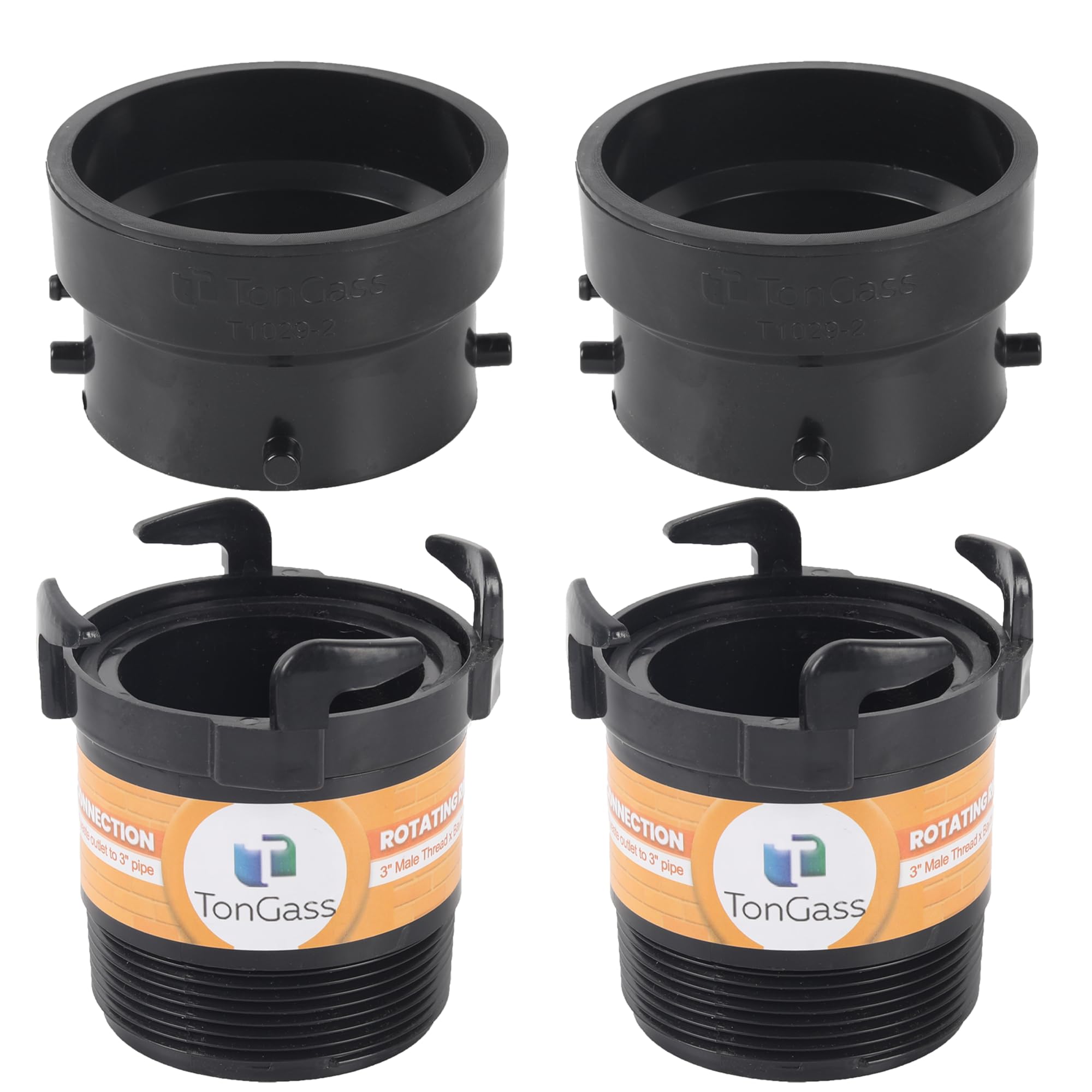 Photo 1 of TonGass (2 x Combo Pack, Black) RV Sewer Pipe Adapter, 3" Rotating Rigid Bayonet Adapter with Male Thread & Hooks, Termination Fitting with 3" Bayonet & Hub, RV Sewer Hose Connector for Waste Disposal