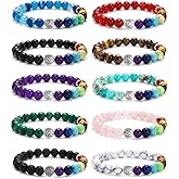 BOMAIL 10Pcs Tree of Life Healing Crystals Bracelet - 7 Chakra Semi Precious Stones Beaded Bracelets Yoga Stress Relief Reiki Stretch Bracelets for Women Men