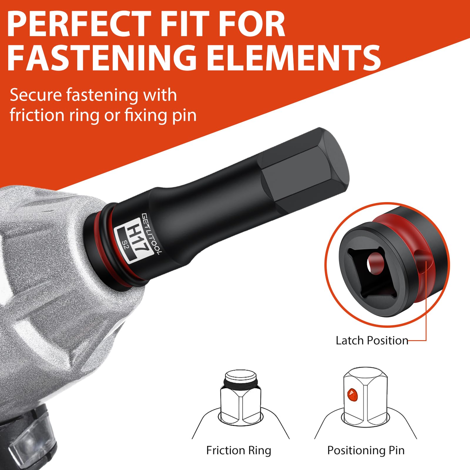 GETLITOOL 1/2" Kraft Innensechskant Schlagschrauber Nüsse Satz, 8tlg S2-Stahl Sechskant Bit Stecknuss Set HX 5mm - 19mm, Länge 78 mm Innensechskant Steckschlüssel Set für Innensechskantschrauben 5