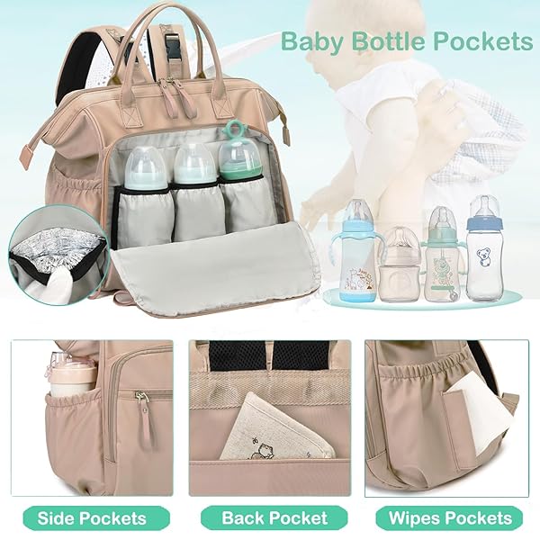 LORADI LARGE DIAPER BAG TOTE, 14 POCKETS STYLISH BABY BAG WITH STROLLER CLIPS AND 3 INSULATED POCKETS, BABY SHOWER ESSENTIALS(MOCHA MOUSSE, LARGE)