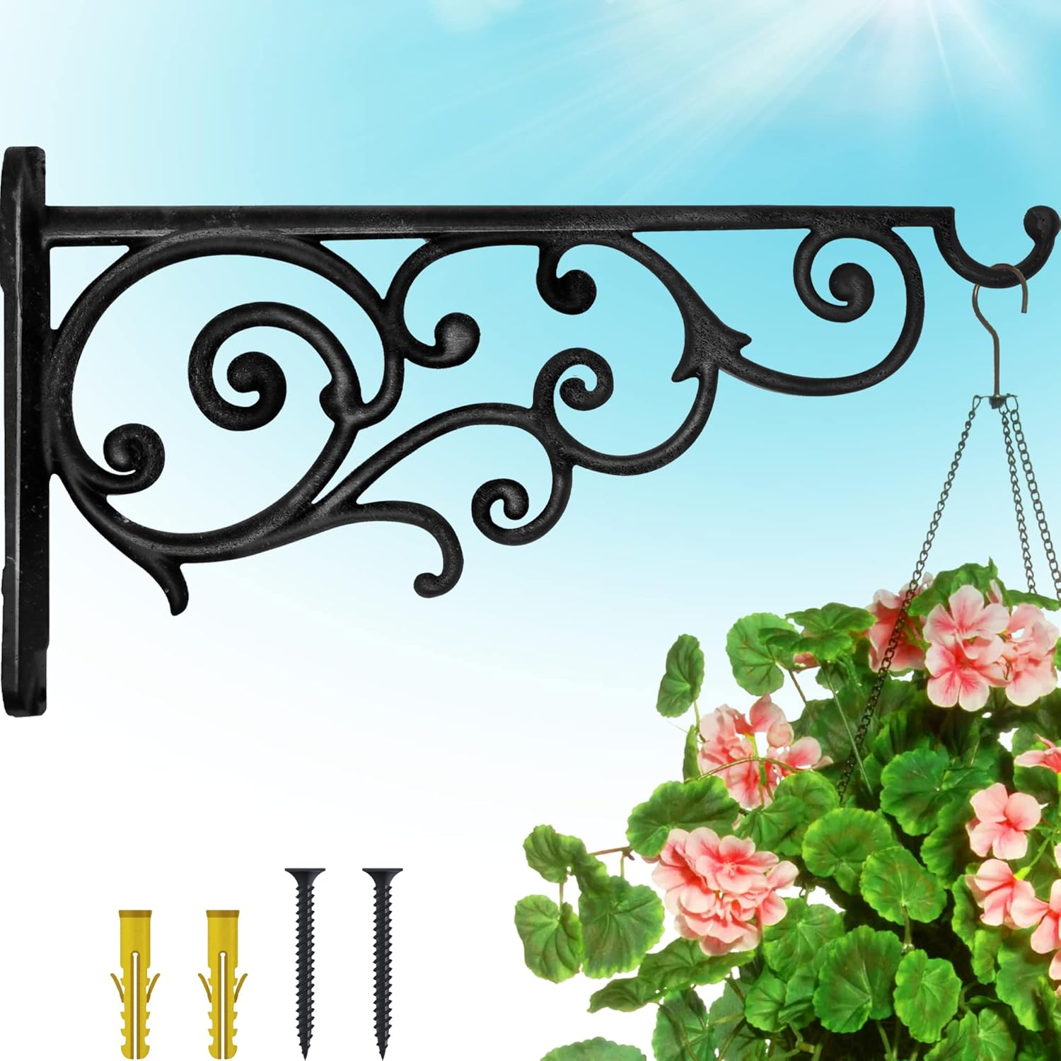 Outdoor Hanging Brackets - Gray Bunny Outdoor Plant Hanger Hook, 14” Large Victorian Heavy Duty Iron Wall Hooks for Bird Feeders, Lanterns, Wind Chimes, Patio Decor - Black