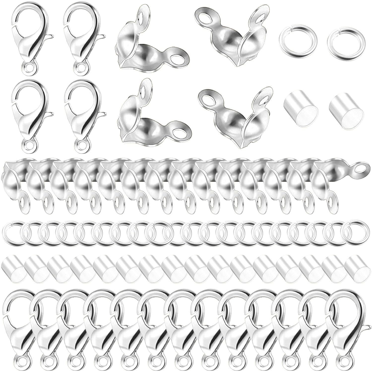 Photo 1 of 1200 Pcs Jewelry Making Accessories Set with 100 Pieces Lobster Claw Clasp 300 Pieces Bead Tips Knot Covers 400 Pieces Crimp Tube Beads and 400 Pcs Open Jump Ring Connectors for DIY Jewelry (Silver)